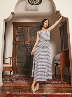 Maxi Drop Waist Dress - Fringe Trim Soft Tweed Knit