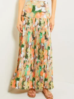 Maxi Drop Waist Skirt - Pleated Watercolor Woven