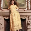 Maxi Pleated Drop Waist Dress - Floral Applique Woven