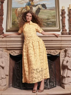 Maxi Pleated Drop Waist Dress - Floral Applique Woven