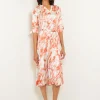 Midi A-Line Dress - V-Neck Print Crepe de Chine