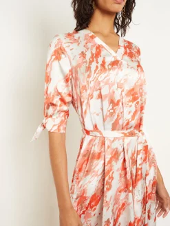 Midi A-Line Dress - V-Neck Print Crepe de Chine