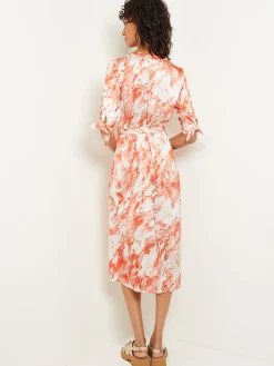 Midi A-Line Dress - V-Neck Print Crepe de Chine