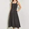 Midi Fit & Flare Dress - Button Front Woven