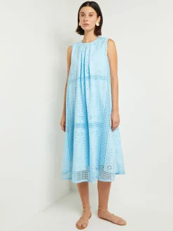 Midi Tent Dress - Sleeveless Eyelet Detailed Woven