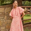 Mini Fit & Flare Dress - Puff Sleeve Fringe Applique Cotton