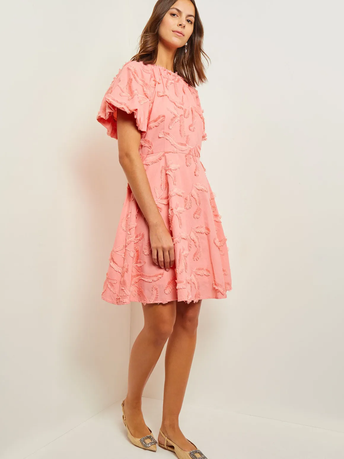 Mini Fit & Flare Dress - Puff Sleeve Fringe Applique Cotton