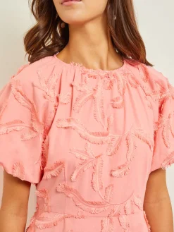 Mini Fit & Flare Dress - Puff Sleeve Fringe Applique Cotton