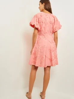 Mini Fit & Flare Dress - Puff Sleeve Fringe Applique Cotton