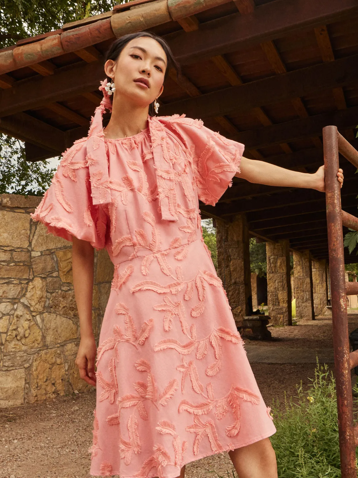 Mini Fit & Flare Dress - Puff Sleeve Fringe Applique Cotton
