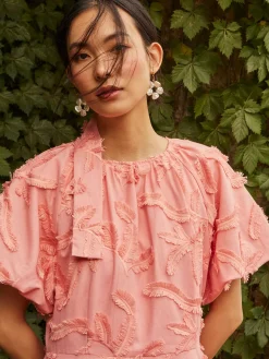 Mini Fit & Flare Dress - Puff Sleeve Fringe Applique Cotton