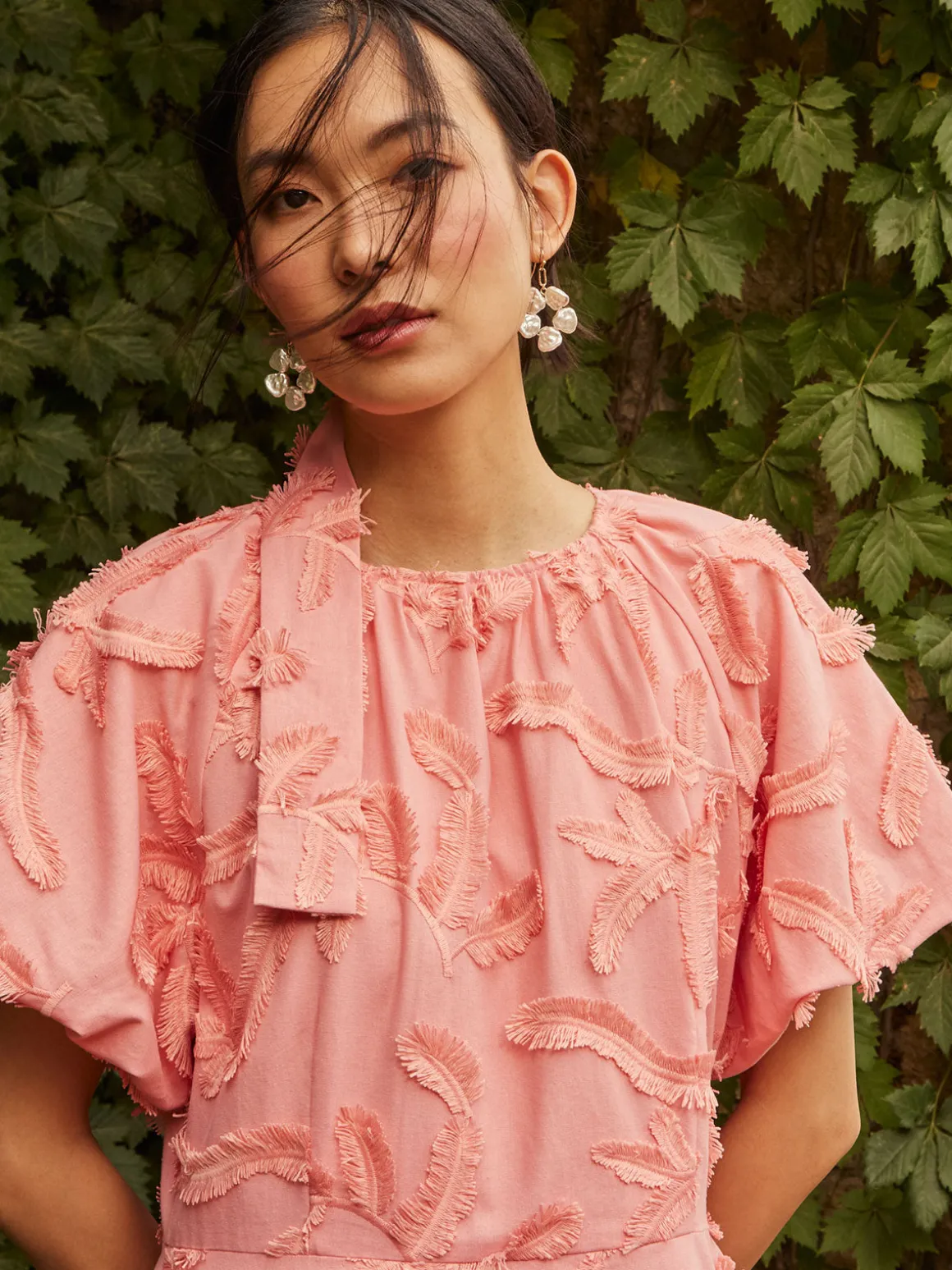 Mini Fit & Flare Dress - Puff Sleeve Fringe Applique Cotton