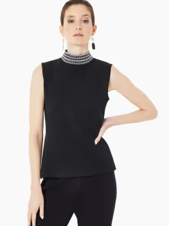 Mock Neck Embroidered Trim Knit Tank Top