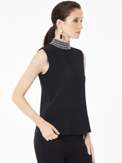 Mock Neck Embroidered Trim Knit Tank Top