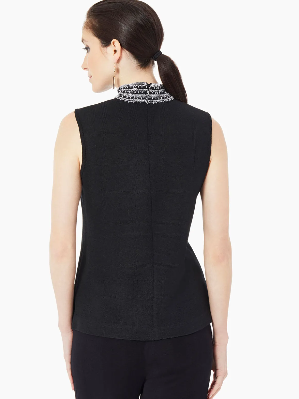 Mock Neck Embroidered Trim Knit Tank Top