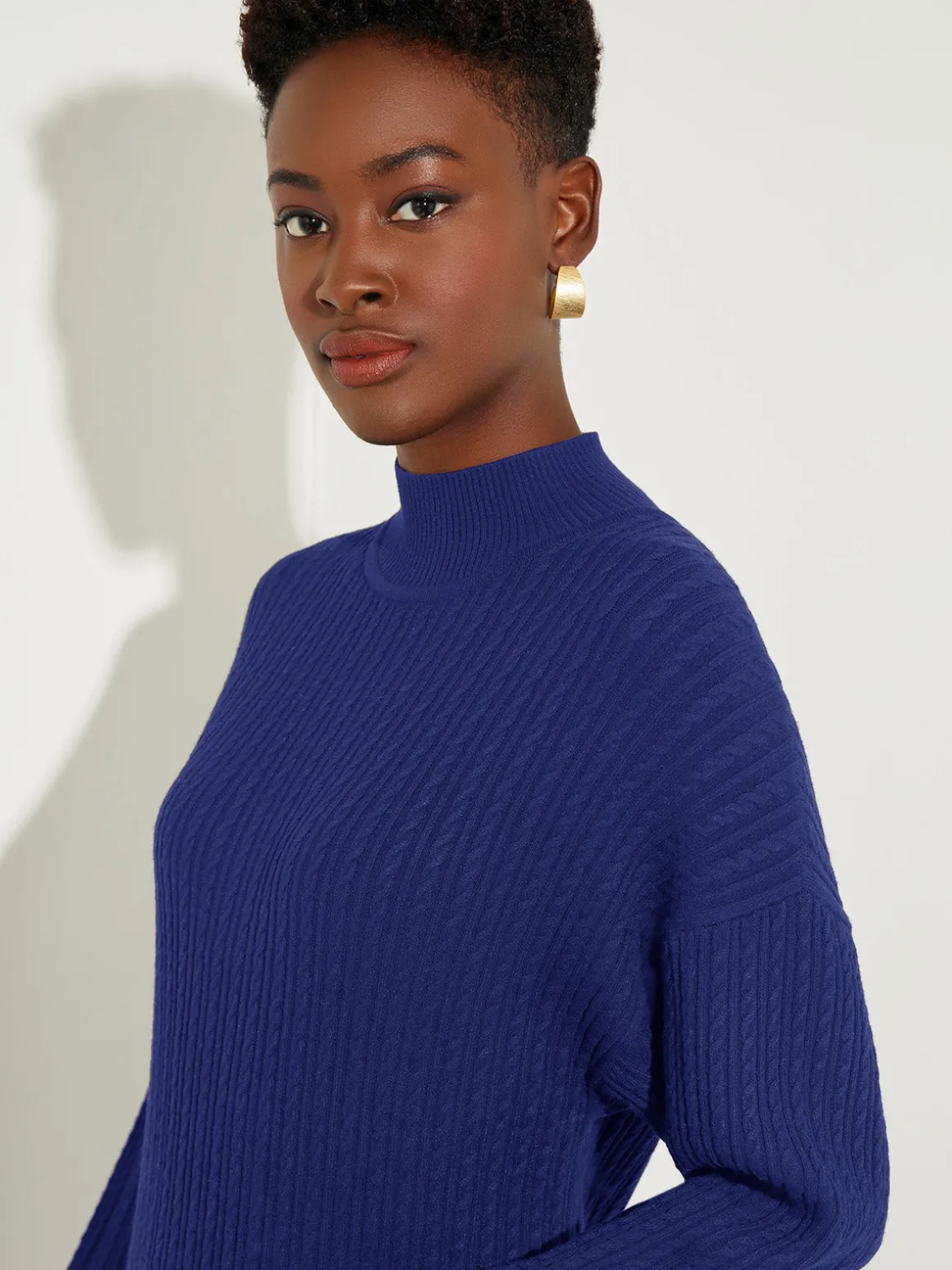 Mock Neck Soft Cable Knit Sweater Dress