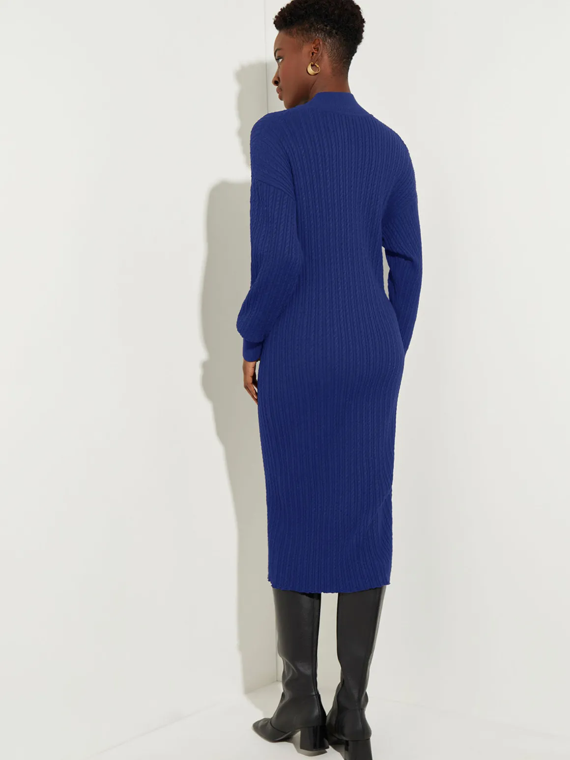 Mock Neck Soft Cable Knit Sweater Dress