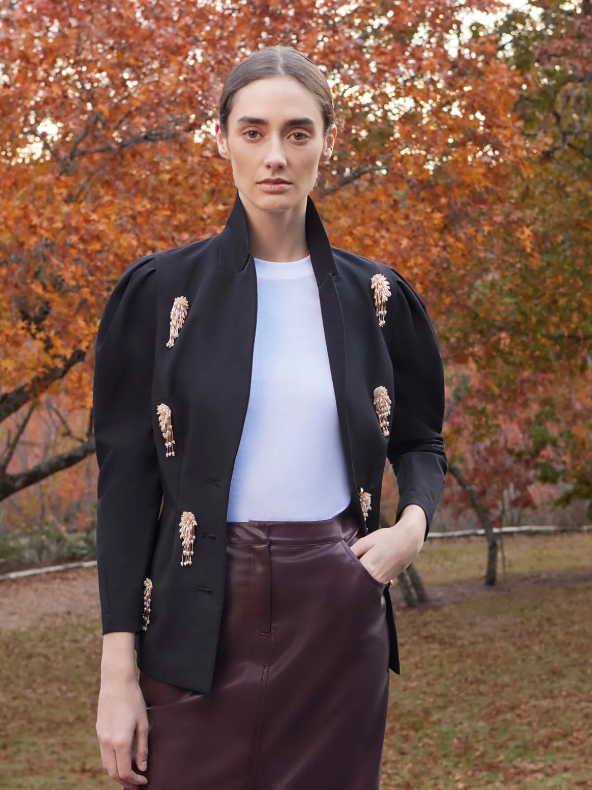 Modern Fit Beaded Applique Button Front Blazer