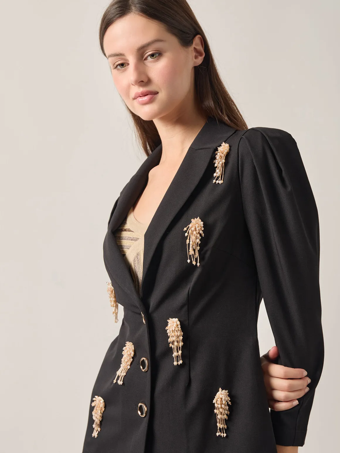 Modern Fit Beaded Applique Button Front Blazer