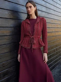 Modern Fit Linear Fringe Tweed Belted Knit Jacket