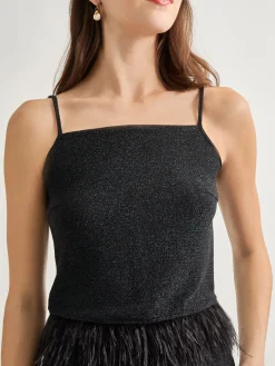 Modern Fit Ostrich Feather Trim Stretch Woven Tank