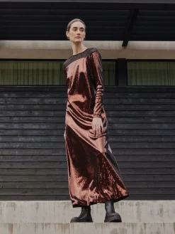 Modern Fit Sheer Shoulder Sequin A-Line Maxi Dress