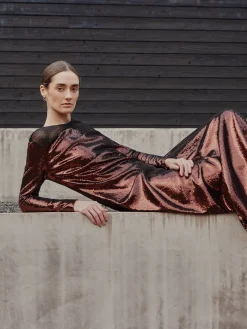 Modern Fit Sheer Shoulder Sequin A-Line Maxi Dress