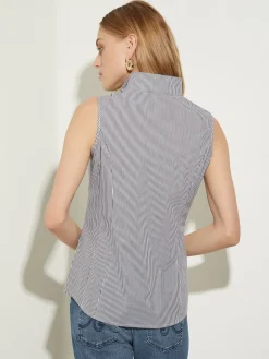 Pinstripe Sleeveless Stretch Cotton Blouse, Black/White