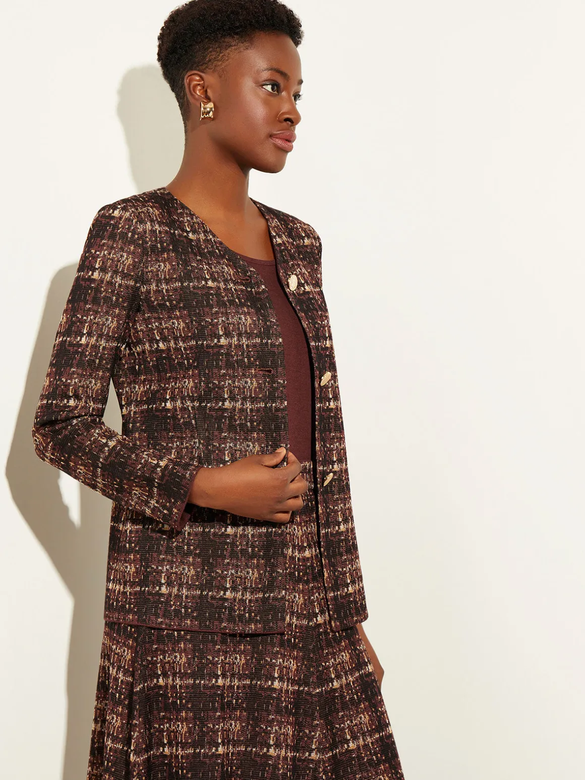 Plaid Button-Front Knit Jacket