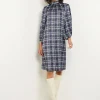 Pleated Mock Neck Crepe de Chine Printed A-Line Dress