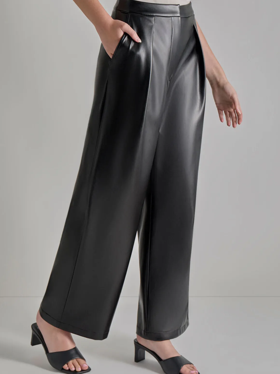 Pleated Straight Leg Vegan Leather Pants