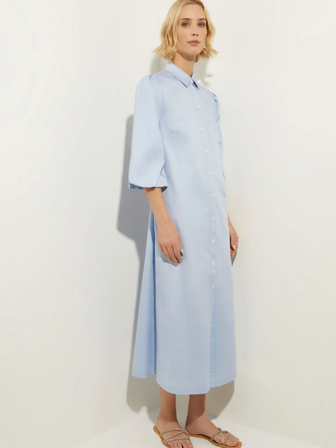 Puff Sleeve Cotton Midi Shirtdress