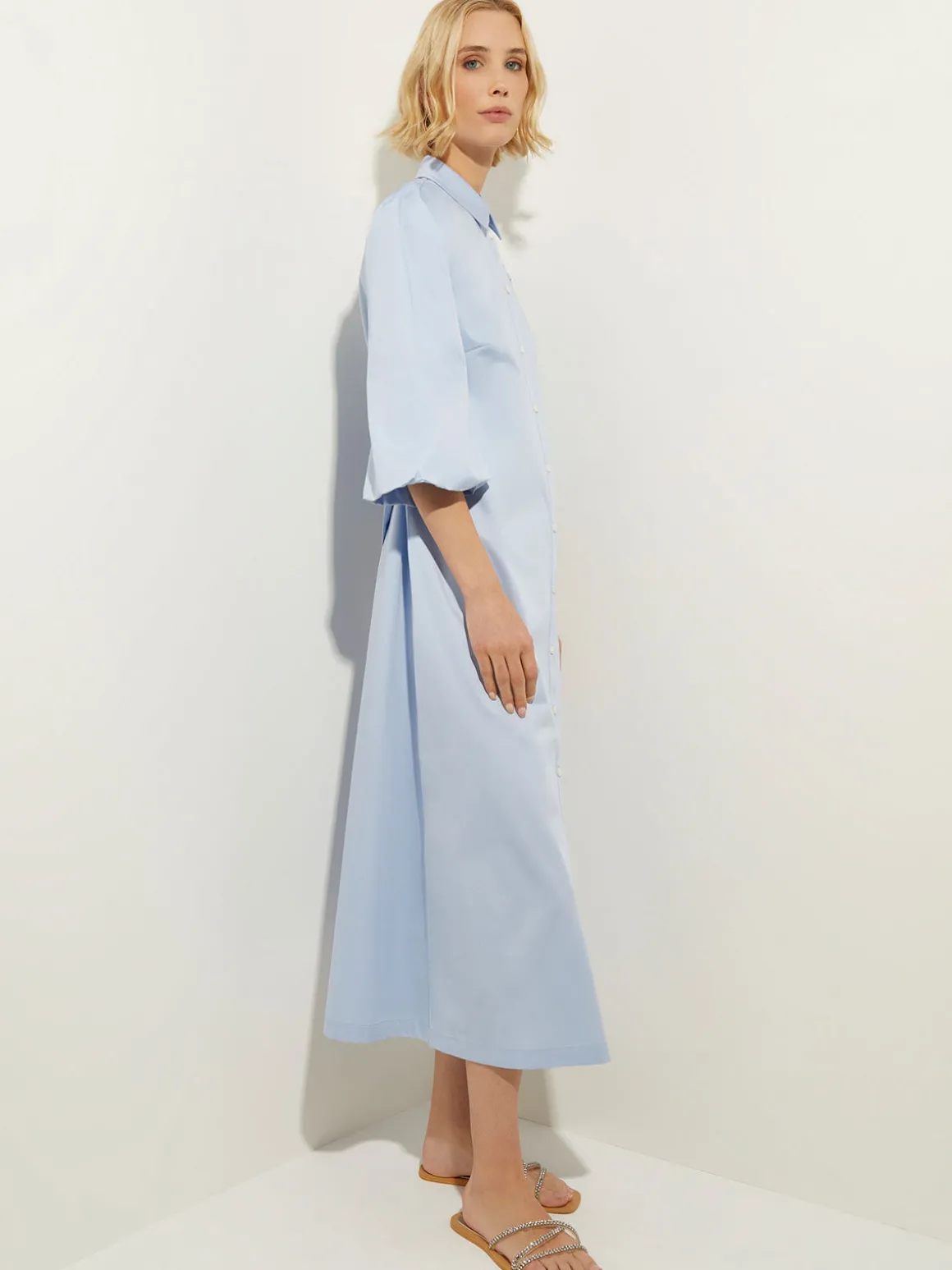 Puff Sleeve Cotton Midi Shirtdress