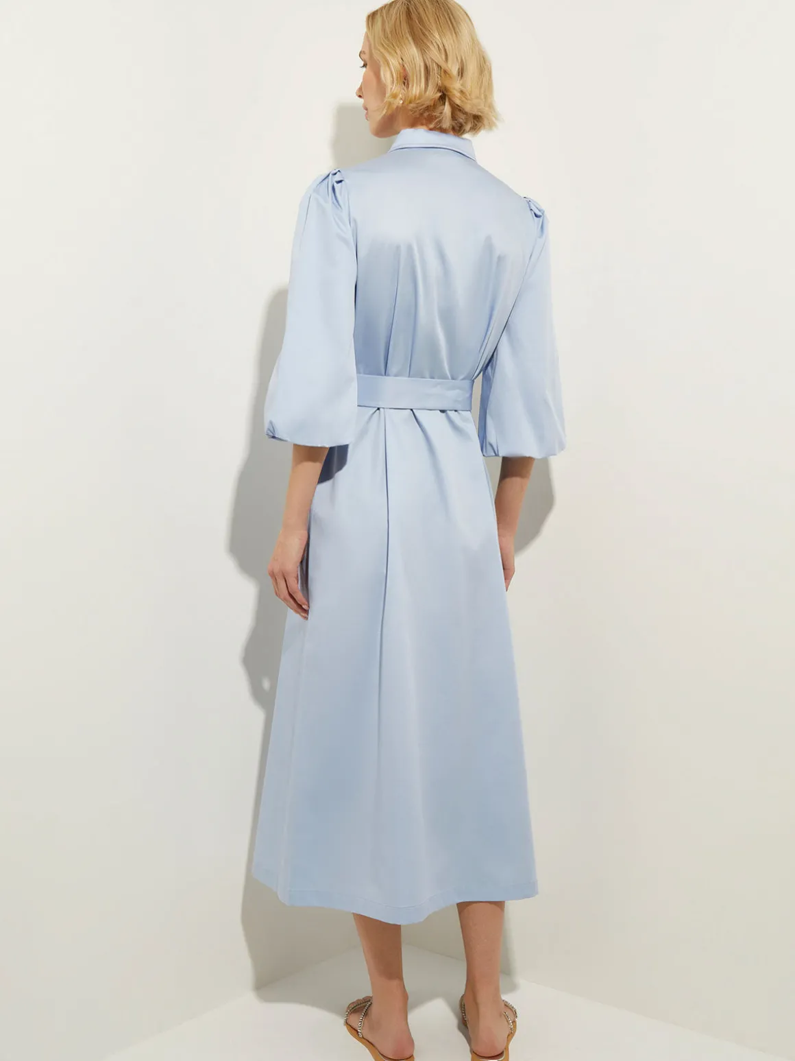 Puff Sleeve Cotton Midi Shirtdress