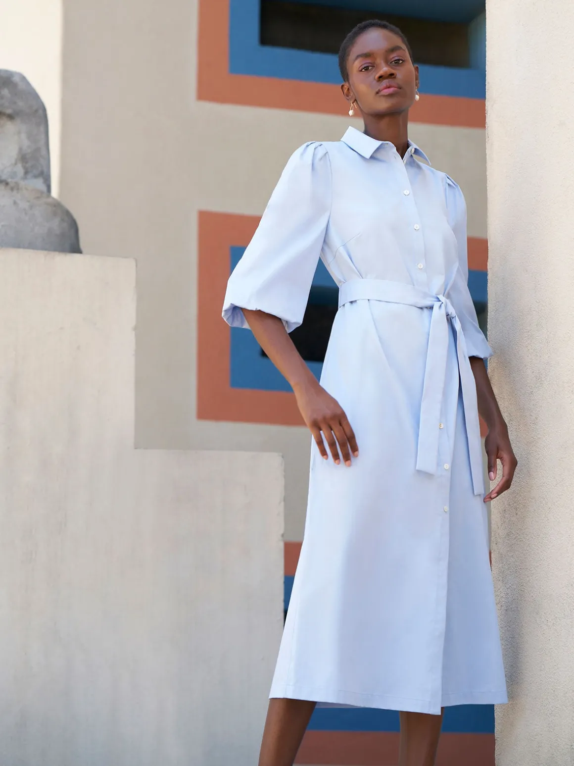 Puff Sleeve Cotton Midi Shirtdress
