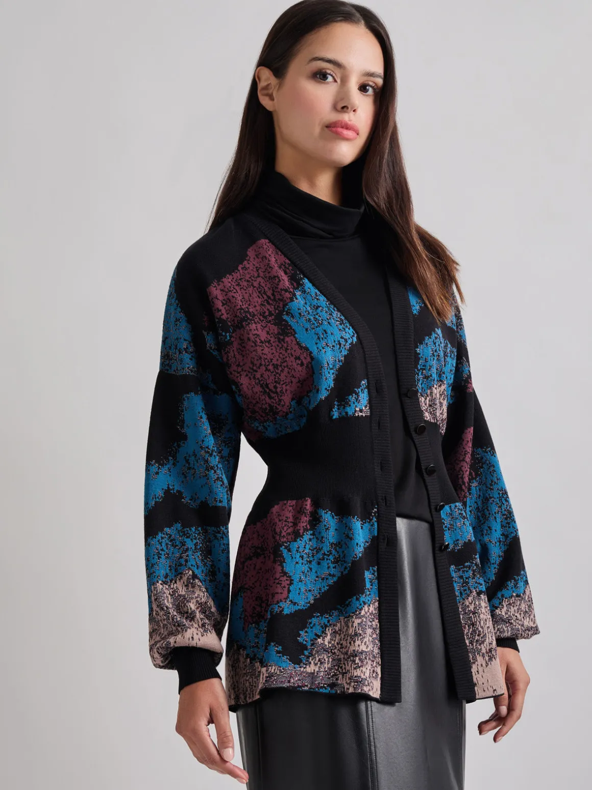 Relaxed Fit Abstract Inset Waist Jacquard Knit Cardigan