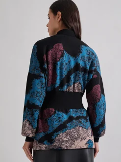 Relaxed Fit Abstract Inset Waist Jacquard Knit Cardigan