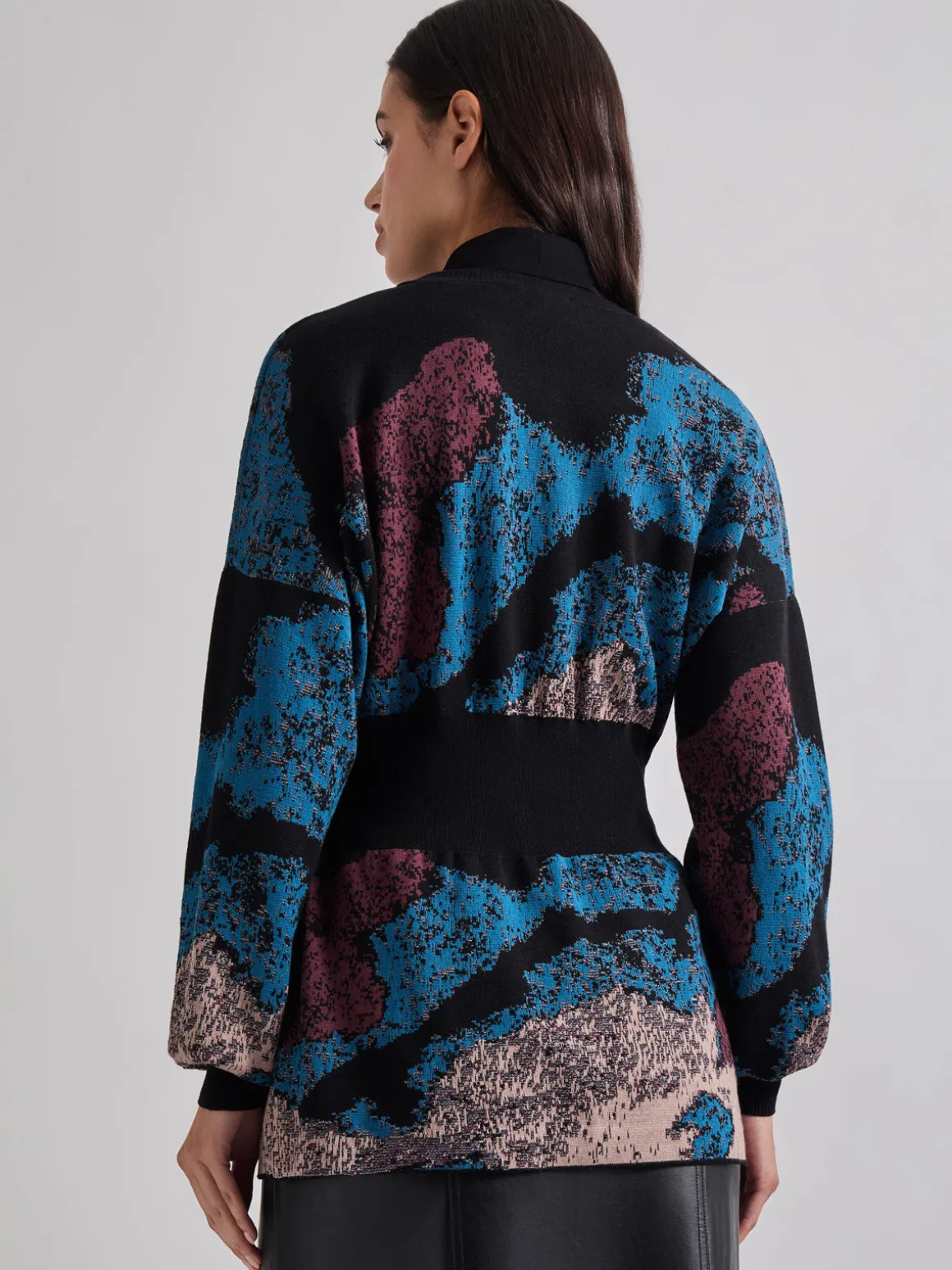 Relaxed Fit Abstract Inset Waist Jacquard Knit Cardigan