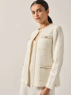Relaxed Fit Boucle Lurex Crochet Trim Knit Jacket