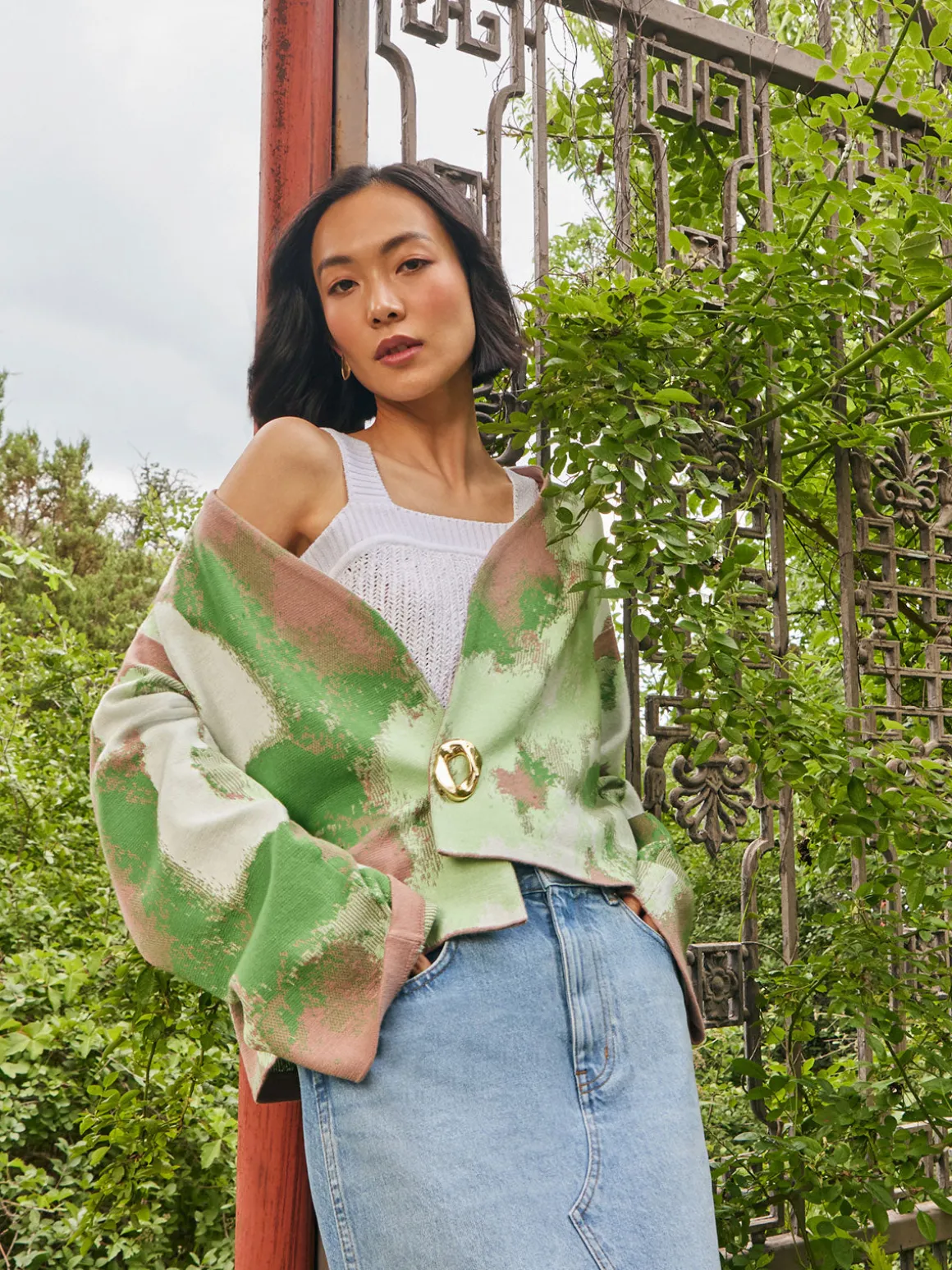 Removable Pin Crossover Jacket - Bell Sleeve Recycled Jacquard Knit