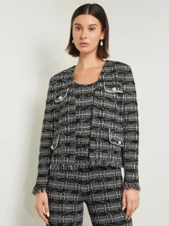 Rhinestone Accent Fringe Tweed Knit Jacket