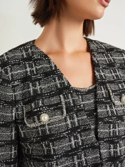 Rhinestone Accent Fringe Tweed Knit Jacket