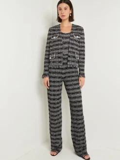 Rhinestone Accent Fringe Tweed Knit Jacket