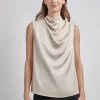 Sleeveless High Neck Draped Crepe de Chine Blouse