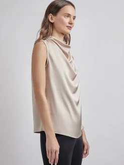 Sleeveless High Neck Draped Crepe de Chine Blouse