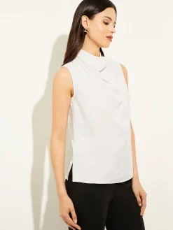 Sleeveless High Neck Draped Crepe de Chine Blouse