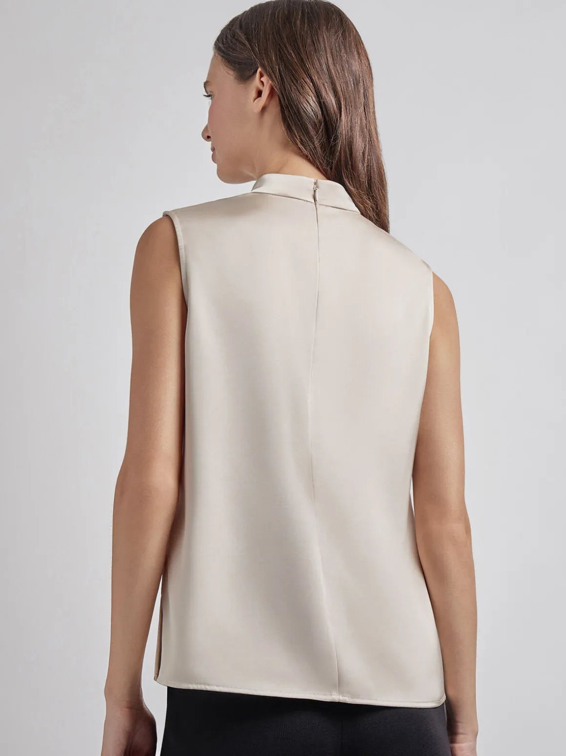 Sleeveless High Neck Draped Crepe de Chine Blouse