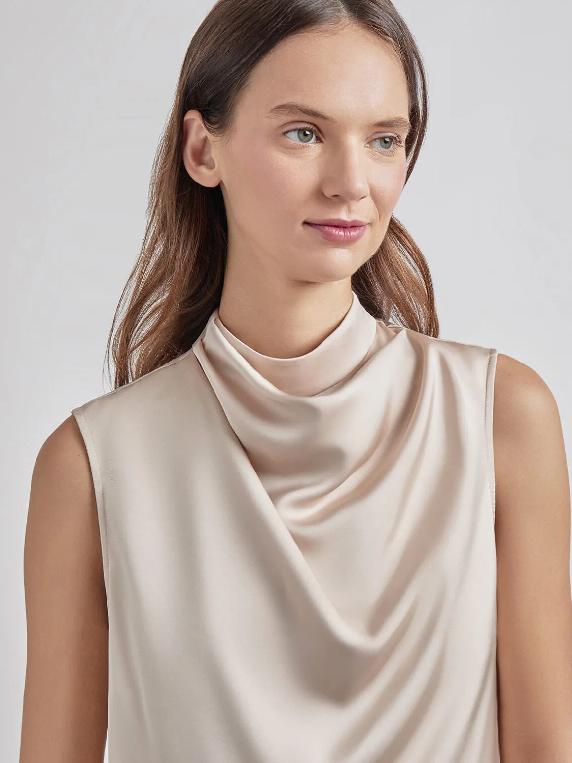 Sleeveless High Neck Draped Crepe de Chine Blouse