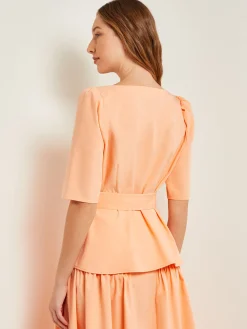 Square Neck Button Front Blouse - Belted Faux Cupro Silk