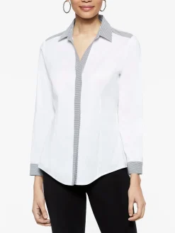 Stripe Trim Stretch Cotton Button-Up Shirt